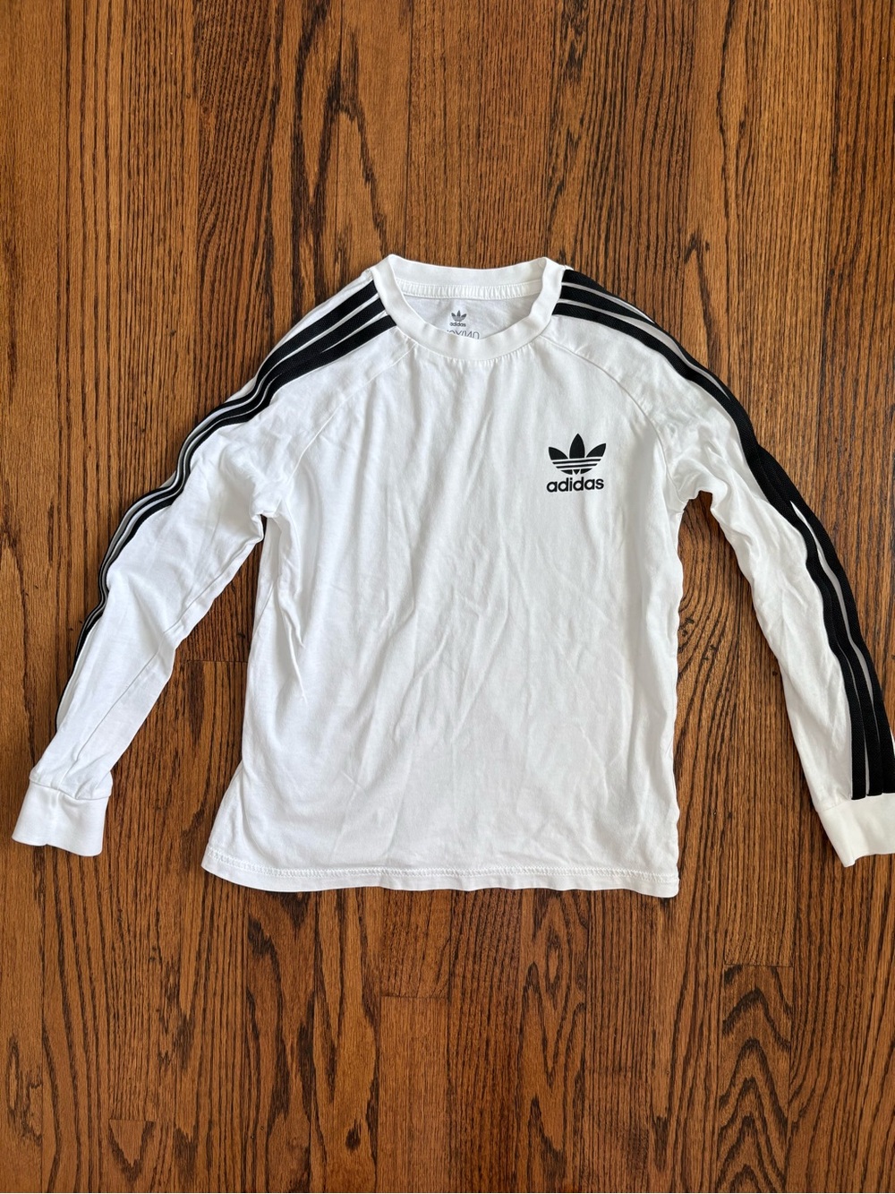 adidas Originals White Long Sleeve Tee with Black Sleeve Stripes